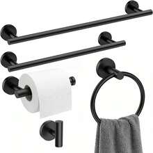 Matte Black Bathroom Hardware Set Of 5 Pieces, SUS304 Stainless Steel Bathroom Accessory Set, Including 24 Inch And 16 Inch Towel Bars, Toilet Paper Holder, Towel Ring, Clothes Hook, Wall Mounted Circular - 五件套 - 查看 8