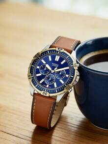 Fossil Đồng hồ đeo tay nam FS5625 cổ điển, mặt số xanh dương kiểu retro, dây da nâu, đồng hồ công sở chất lượng cao, quà tặng cho ngày Valentine và sinh nhật. - màu nâu - Xem 1