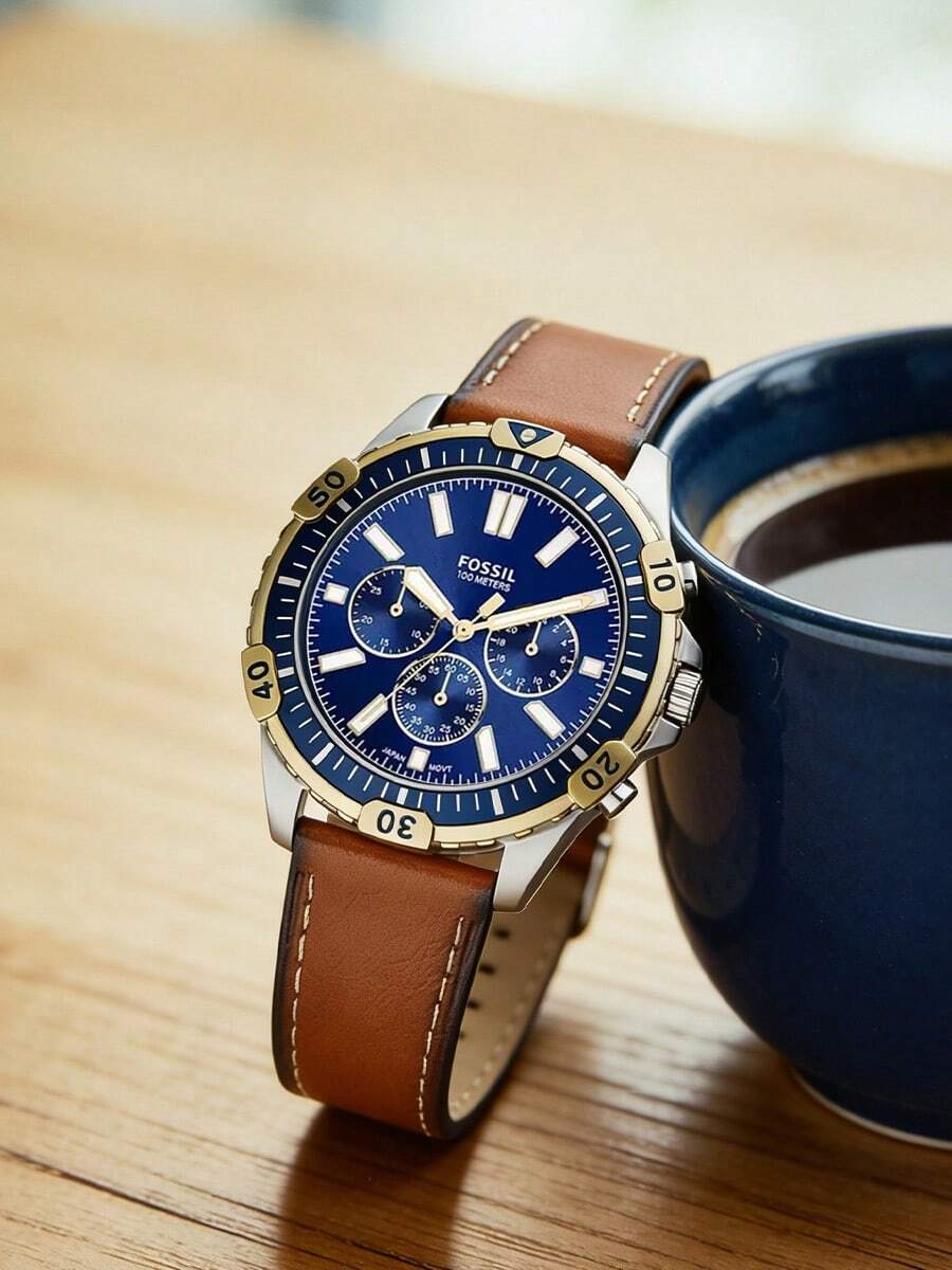 Fossil Đồng hồ đeo tay nam FS5625 cổ điển, mặt số xanh dương kiểu retro, dây da nâu, đồng hồ công sở chất lượng cao, quà tặng cho ngày Valentine và sinh nhật. - màu nâu - Xem 1