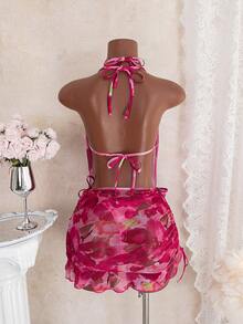 Spring Summer 3-Piece Women's Swimsuit, Floral Print Mesh Cover-Up, Sexy Elegant Women's Bikini, High Elastic Fabric, Halter Neck Tie Design, Vacation Swimwear, Suitable For Pool, Party, Date, Vacation Season, Beach, Women's Beachwear - Hot Pink - View 5