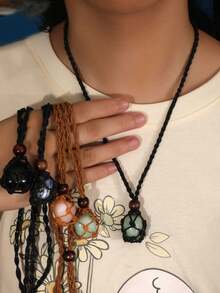 1pc Random Vintage Natural Stone Crystal Raw Gemstone Macrame Adjustable Necklace, Unisex - Multicolor - View 2