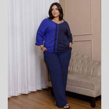 Maison Set: Raglan Sleeve Blouse And Plus Size Summer Pants - Royal Navy - View 2