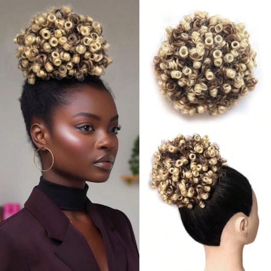 DCurly Afro Puff Ponytail - Adjustable Drawstring Bun Extension For Women Synthetic Hair Short Tight Curls Brown Mix Blonde 85g - 4613 - 查看 1