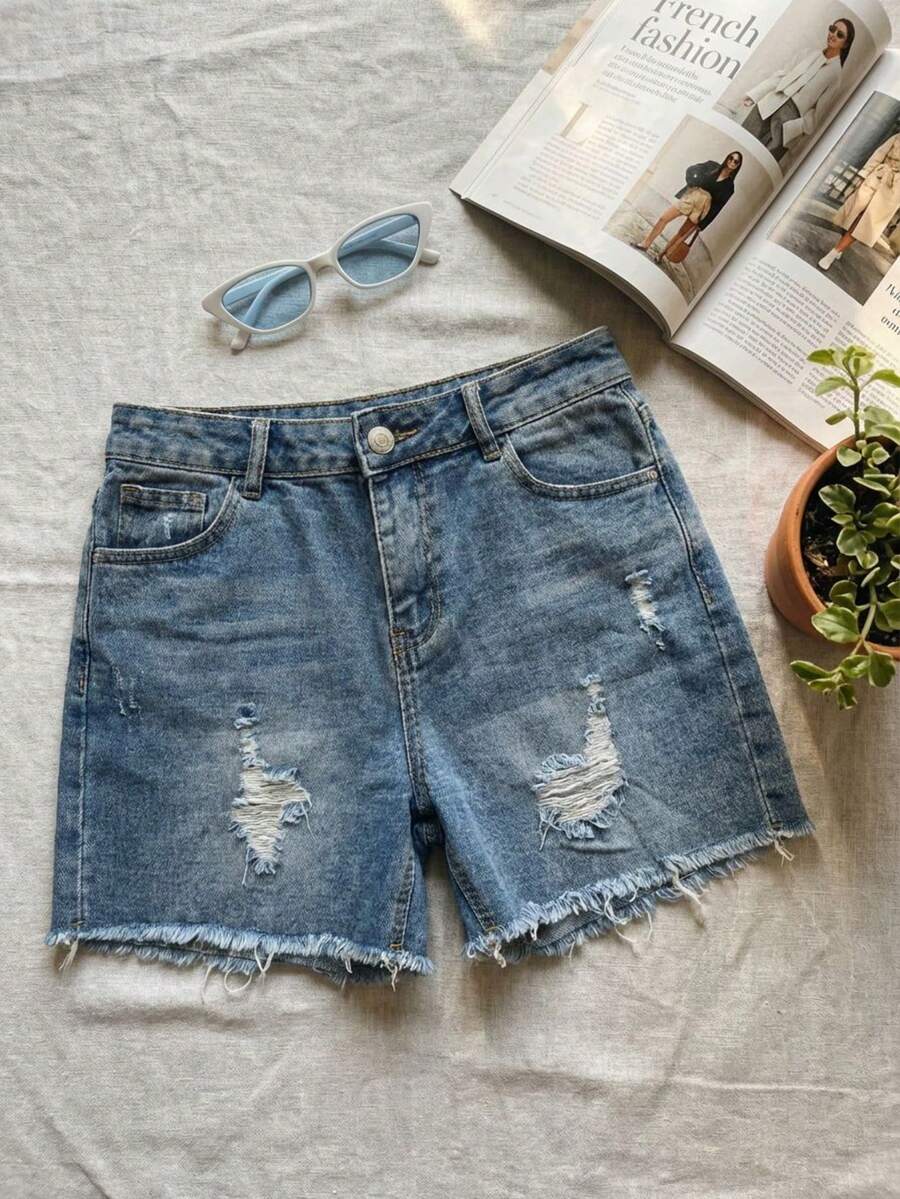 Light Blue Denim Shorts With Rips And Fringe, High-Waisted And A-Line Cut, Versatile And Casual - Light Wash - View 1