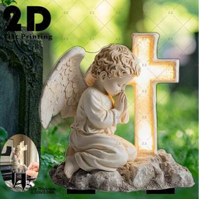 1/2个亚克力天使花园插牌，带发光十字架设计，波西米亚风格墓地艺术品，纪念礼物，户外庭院装饰，四季皆宜，无需电源，2D