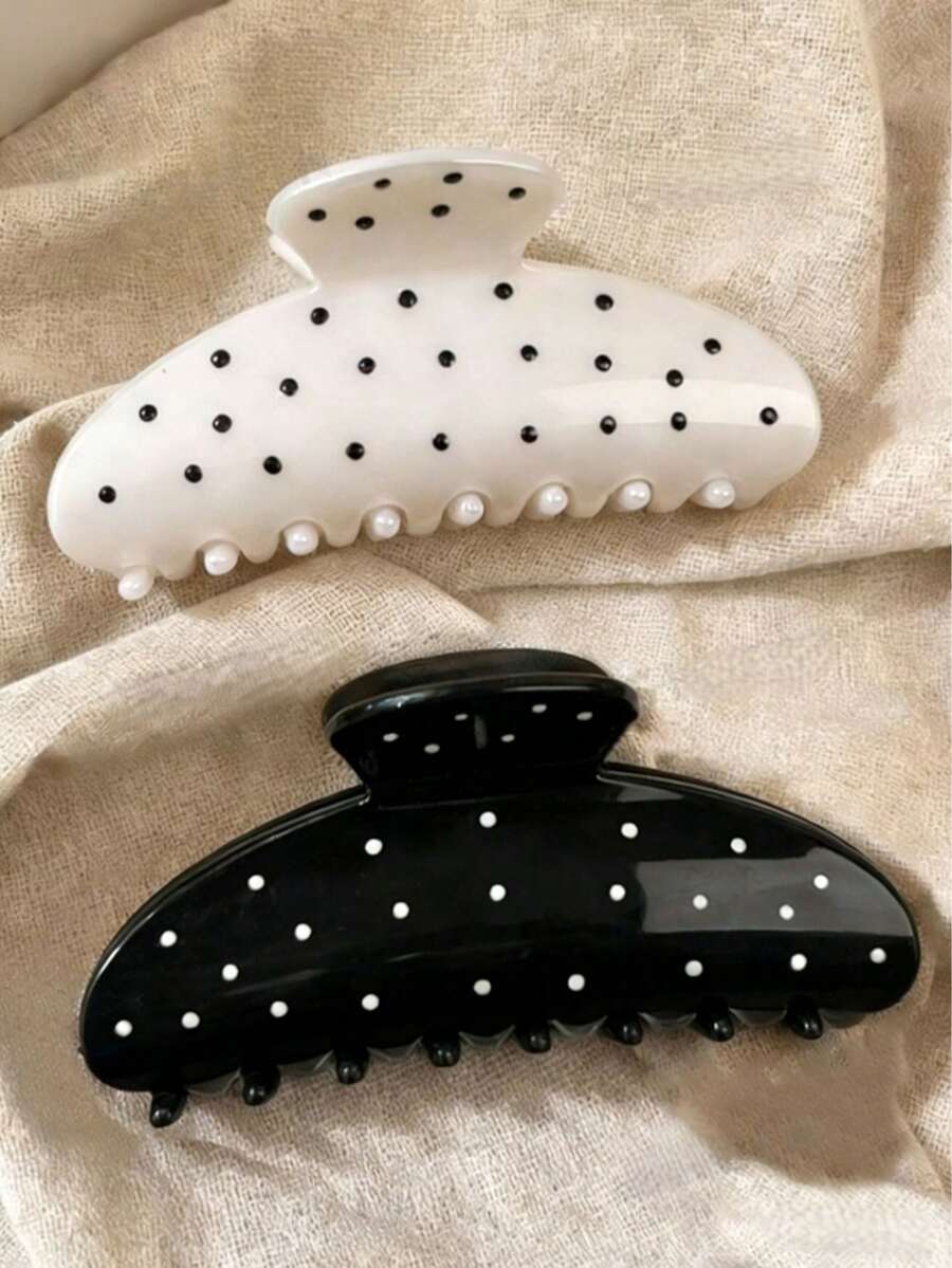 2pcs/1pc 4.13in/10.5cm Black White Polka Dot Plastic Hair Clips,Fashionable Versatile Elegant Minimalist Solid Color Hair - Black and White - View 1