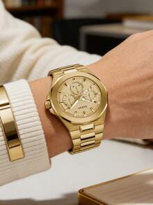 Guess 1 pieza Reloj de pulsera multifuncional de cuarzo para hombre, reloj de negocios clásico de acero inoxidable dorado, regalo para hombres GW0798G2 - Dorado - Ver 4