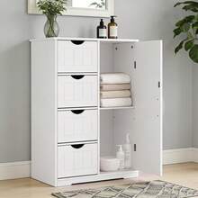 Badezimmerschrank, Beistellschrank mit 4 Schubladen, Schranktür & verstellbaren Ablagen, MDF Kommode, 55*28,5*81 cm, für Badezimmer, Wohnzimmer, Schlafzimmer, Esszimmer und Küche, Weiß - Weiß / 55 x 28,5 x 81 cm - Übersicht 1