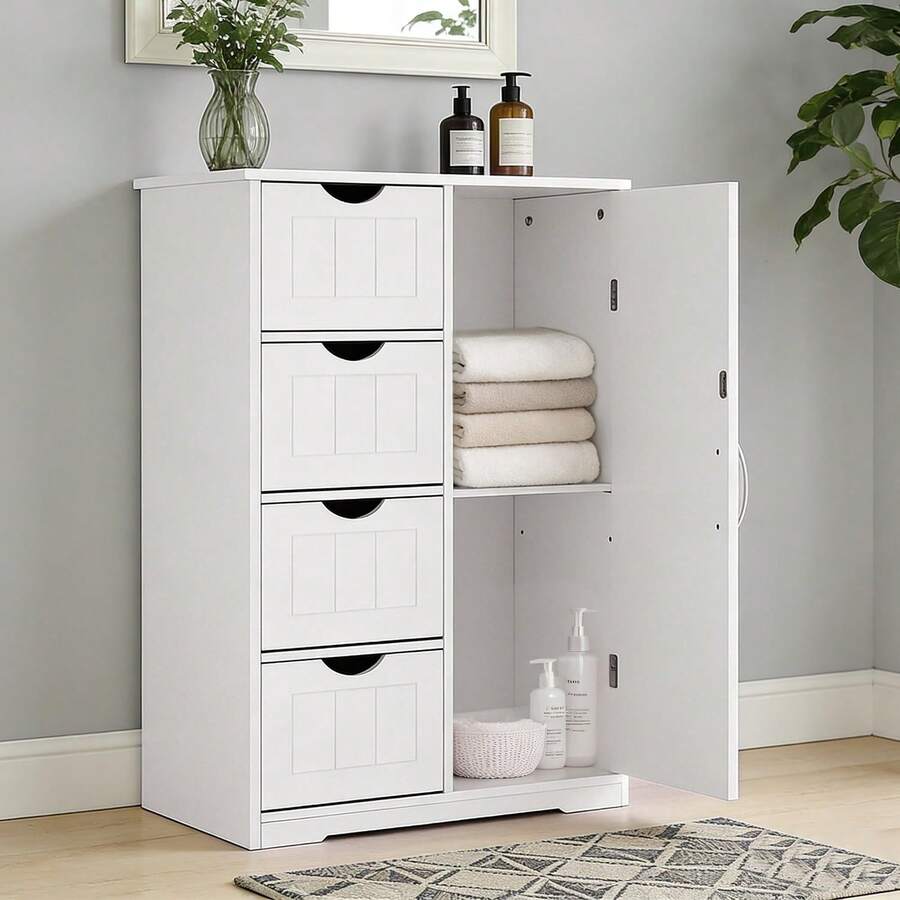 Badezimmerschrank, Beistellschrank mit 4 Schubladen, Schranktür & verstellbaren Ablagen, MDF Kommode, 55*28,5*81 cm, für Badezimmer, Wohnzimmer, Schlafzimmer, Esszimmer und Küche, Weiß - Weiß / 55 x 28,5 x 81 cm - Übersicht 1