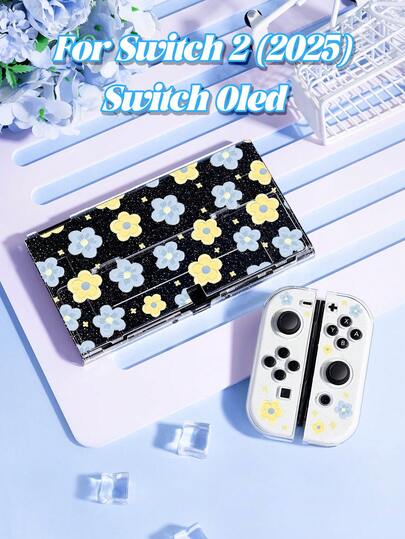 1pc Floral Oil Painting Pattern Transparent Glitter Protective Case, Compatible With Nintendo Switch 2 (2025) / Switch OLED Console And Joy-Con Controllers, Best Gift For Switch Players