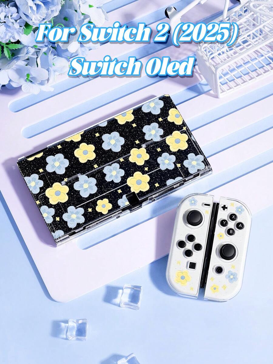 1pc Floral Oil Painting Pattern Transparent Glitter Protective Case, Compatible With Nintendo Switch 2 (2025) / Switch OLED Console And Joy-Con Controllers, Best Gift For Switch Players - Multicolor - View 1
