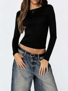 女士性感黑色长袖基础款黑色T恤，适合派对和户外活动穿着，春季款 - 黑色 - 查看 6