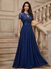 MIUSOL Đầm dạ hội dài bằng chiffon xếp ly, cổ khoét hình giọt nước, viền ren hoa đính sequin, chất liệu chiffon, thích hợp cho khách dự đám cưới, lễ tốt nghiệp, tiệc gala và các dịp khác. Mùa xuân. - Màu xanh hải quân - Xem 5