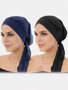 2 piezas Sombreros de ala ancha de mujer de seda sintética elástica, gorros para dormir, sombreros de pirata, sombreros para el cuidado del cabello para uso diario, verano, playa - Multicolor - Ver 5