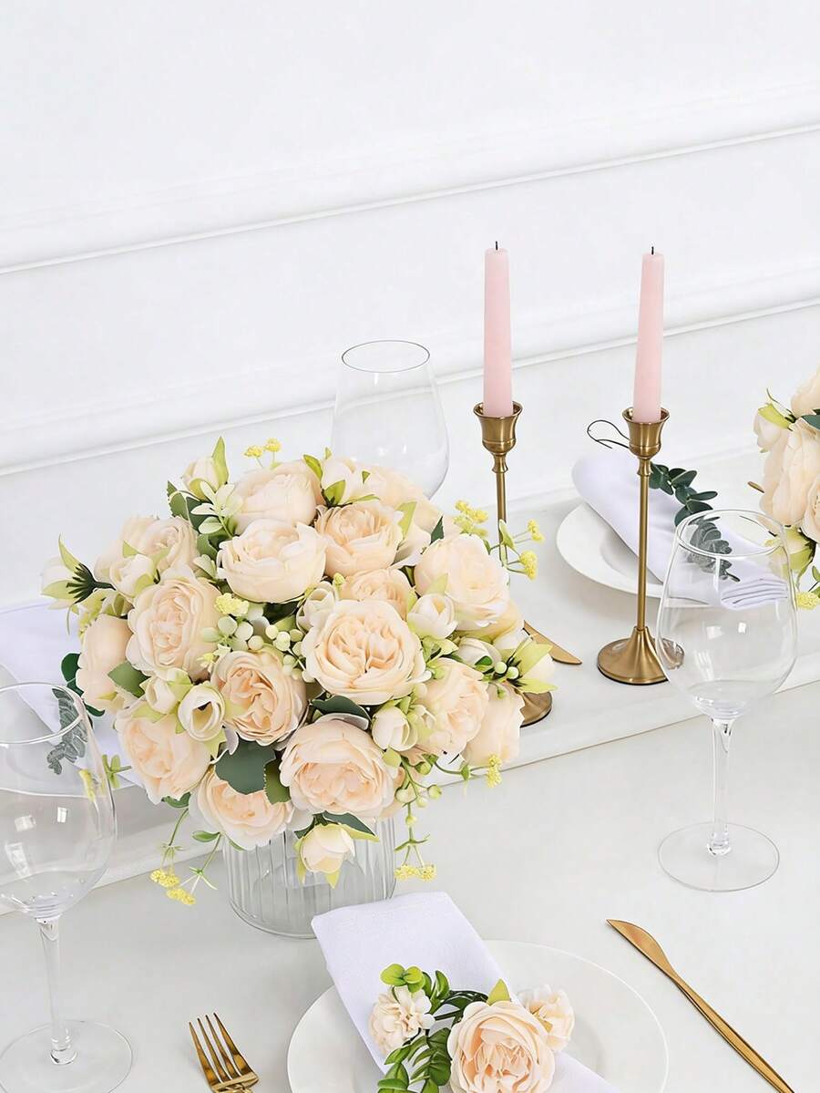 3pcs Champagne Artificial Peony Flowers, Lifelike Fake Peony Bouquet With Stems, Suitable For Wedding Bridal Bouquet, Home Decor, Party And DIY Floral Arrangement, Non-Fading, Ideal For Spring/Summer Mother's Day Gift - Multicolor - View 1