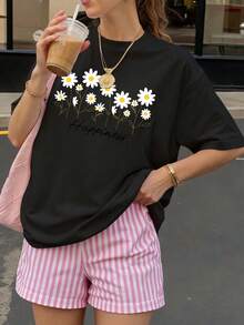 Black Oversized T-shirt, 1 pcs Daisy Flowers And Happiness Text Print 180g Pure  Heavy 100% Polyester T Shirt - Negro - Ver 1