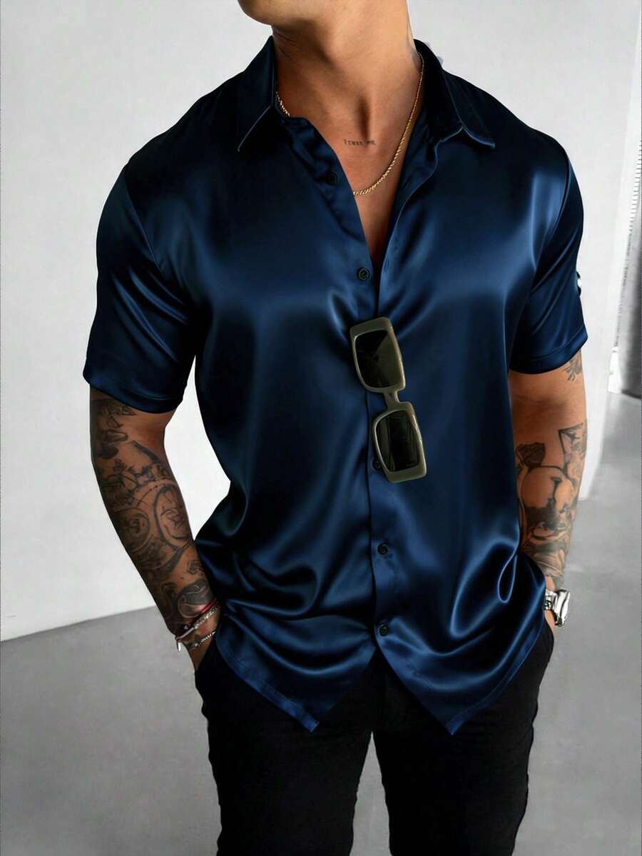 WAIT HIM 男士夏季休闲纯色缎面短袖衬衫 - 藏蓝色 - 查看 1