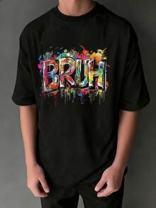 Camiseta de cuello redondo con estampado de eslogan para niños, camiseta casual suave para primavera/verano - Negro - Ver 3