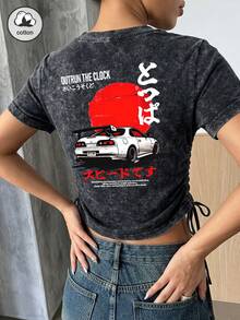 ZZG ES TRUS 女士夏季趣味“母女装插画”印花休闲复古街头风韩版舒适基础款通勤百搭Y2K时尚修身性感抽绳圆领水洗黑T恤 - 黑色 - 查看 3
