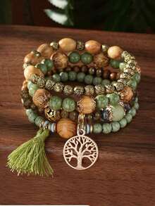 4pcs/Set Bohemian Style Tassel Tree Of Life Pendant Multi-Layer Wooden Bead Necklace Bracelet - Green - View 1