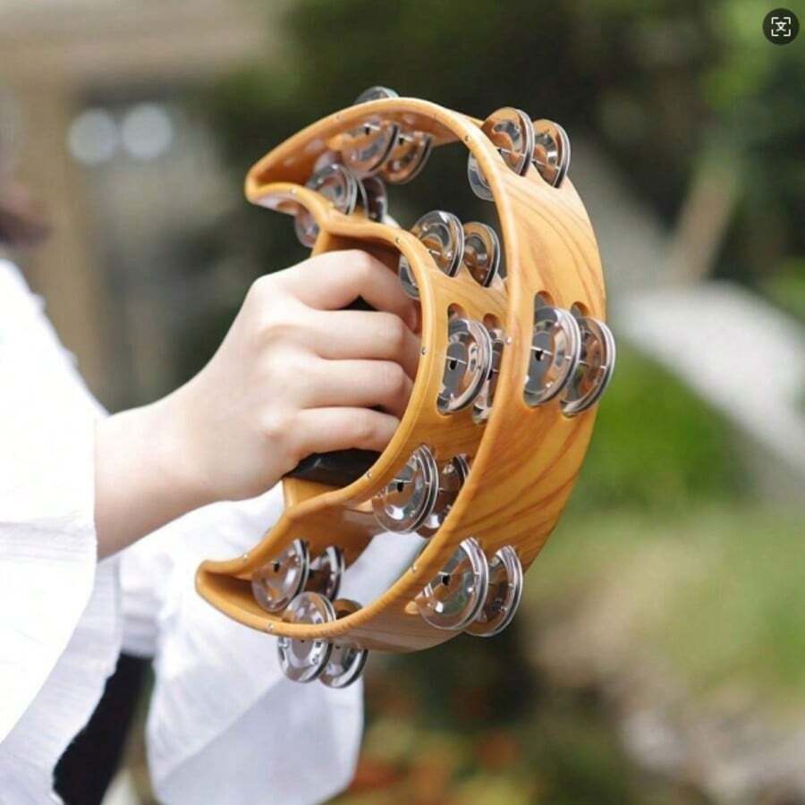 Tambourine Double Row Metal Jingles Hand Held Percussion Half-Moon Tambourines Musical Instrument Gifts For Adults, Party - Natural Wood Color - View 1