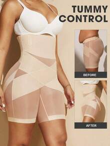 1pc Women High Waist Criss-Cross Seamless Shapewear Shorts, Tummy Control, Butt Lifting, Flat Belly, Bodyshaping Underwear - 杏子 3 - 查看 3