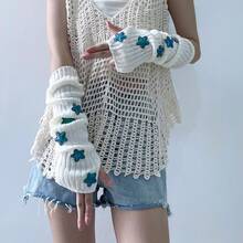 Japanese-Style Girly Y2K Hot Girl Five-Pointed Knitted Fingerless Warm Gloves Autumn And Winter Arm Sleeves - 灰色 - 查看 5