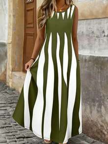 Vestido longo solto sem mangas com estampado geométrico elegante e moderno, com bolsos, ideal para uso diário no verão, férias e ocasiões de praia - Verde de Exercício - Ver 6