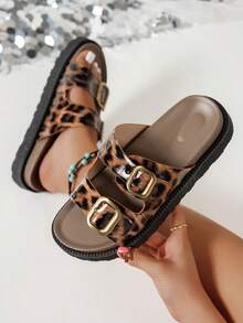 美式复古豹纹厚底拖鞋，时尚厚底一脚蹬鞋，百搭夏季户外鞋 - 豹紋棕 - 查看 4