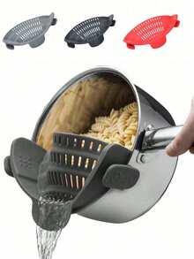 Adjustable PP Material Pot Strainer And Pasta Strainer, Suitable For Draining Vegetables And Pots, Suitable For Household Use, With Drainage Barrier, Available In Red, Yellow And Blue, Clip-On Strainer, Suitable For All Cookware | Plastic Pasta Strainer, Clip-On Food Strainer, Essential Kitchen Tool And Appliance Accessory, Suitable For Draining Meat, Vegetables, Fruits, Etc. - Multicolor - View 1