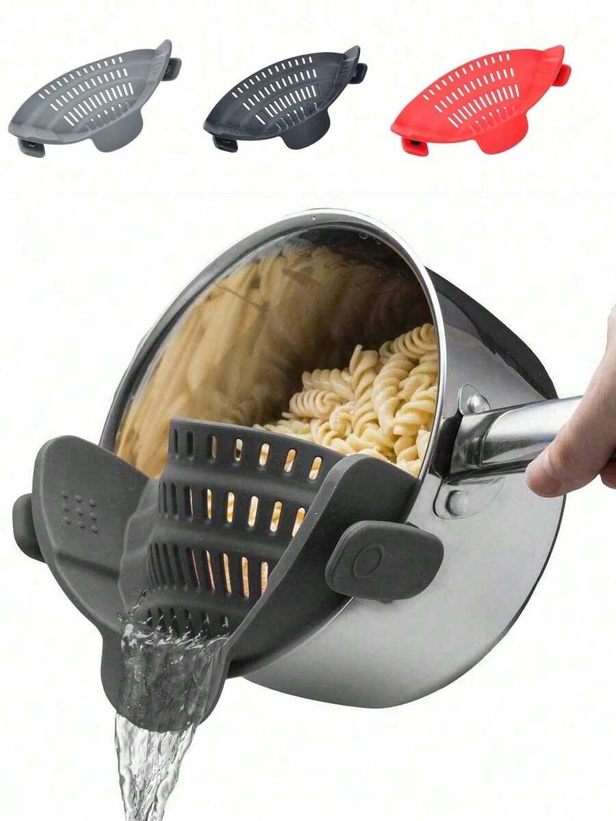 Adjustable PP Material Pot Strainer And Pasta Strainer, Suitable For Draining Vegetables And Pots, Suitable For Household Use, With Drainage Barrier, Available In Red, Yellow And Blue, Clip-On Strainer, Suitable For All Cookware | Plastic Pasta Strainer, Clip-On Food Strainer, Essential Kitchen Tool And Appliance Accessory, Suitable For Draining Meat, Vegetables, Fruits, Etc. - Multicolor - View 1