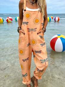 Sun And Dragonfly Print Women's Adjustable Strap Jumpsuit, Polyester Fiber Fabric, Lightweight And Breathable, Women's Clothing, Regular Women's Clothing, Women's Jumpsuits And Rompers, Women's Jumpsuit, Women's Plus Size Jumpsuit - 彩色 - 查看 1