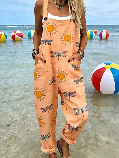 Sun And Dragonfly Print Women's Adjustable Strap Jumpsuit, Polyester Fiber Fabric, Lightweight And Breathable, Women's Clothing, Regular Women's Clothing, Women's Jumpsuits And Rompers, Women's Jumpsuit, Women's Plus Size Jumpsuit