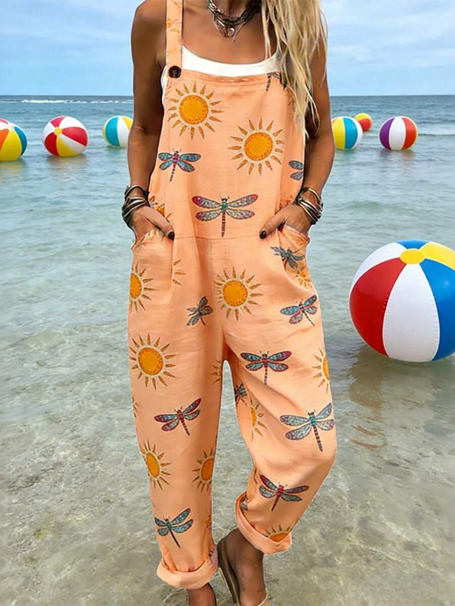 Sun And Dragonfly Print Women's Adjustable Strap Jumpsuit, Polyester Fiber Fabric, Lightweight And Breathable, Women's Clothing, Regular Women's Clothing, Women's Jumpsuits And Rompers, Women's Jumpsuit, Women's Plus Size Jumpsuit - 彩色 - 查看 1