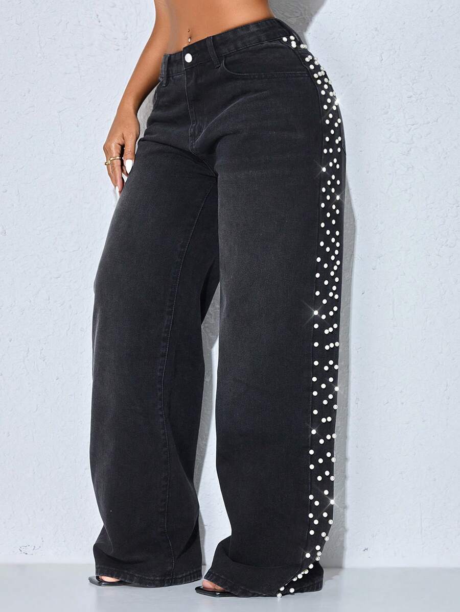 Quần jeans nữ ống rộng cạp thấp, màu xanh dương, kiểu dáng thường ngày, túi xéo, dáng suông. - màu đen - Xem 1
