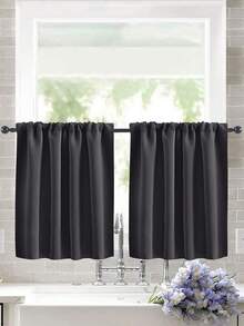 1pc High Blackout Solid Color Curtain Fabric, UV-Resistant Polyester With Rod Pocket Top Design, Easy To Hang, Year-Round Blackout, Suitable For Kitchen, Living Room, Office Decoration - Dark Gray - View 2