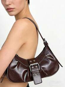 5pcs Vintage Pleated Large Capacity Motorcycle Chic Shoulder Bag, Minimalist Design For Spring & Autumn - Coffee Brown - View 1