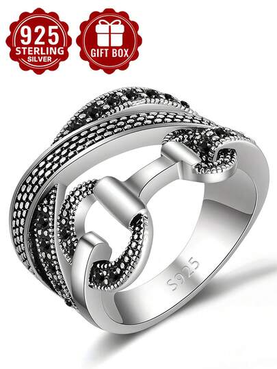 1 pieza Anillo de plata de ley 925 con circonita cúbica negra, estilo exagerado de hip-hop, talla 6-10, adecuado para uso diario y fiestas, gran regalo para festivales de música/Navidad/San Valentín/cumpleaños, viene con caja de regalo