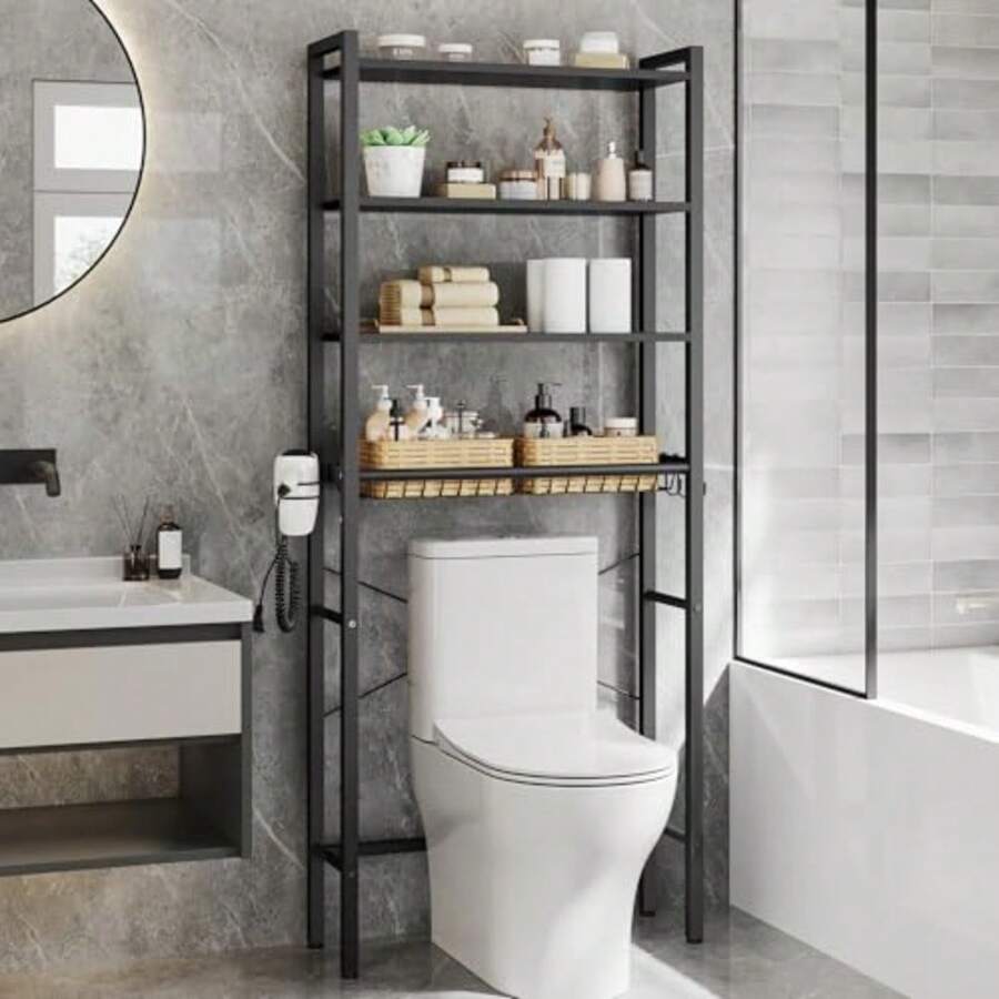 Over The Toilet Storage Over Toilet Bathroom Organizer With Adjustable Shees And Basket 3 Hooks Space Saving 9.4 X 23.6 X 68.1 Inches Ebony Black U114BE01S - Ebony Black - 查看 1