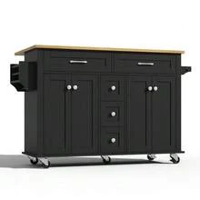 Carrito de cocina multifuncional con encimera plegable, extensible hasta 120*65 cm, con 5 cajones, armarios, especiero y toallero, con ruedas – isla de cocina para cocina, comedor y salón. - Negro - Ver 6