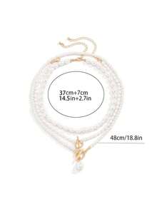 Conjunto De 2 Piezas Collar De Colgante Geométrico Exquisito Adornado Con Perlas Falsas Para Mujeres Para Fiesta - Blanco - Ver 5