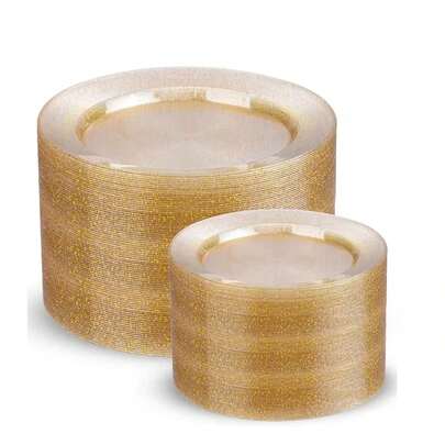 10/20/25/50pcs Transparent Gold Glitter Plates, Sizes 10.25 Inches/7.5 Inches, Elegant And Shimmery. Made Of High-Quality Material, Easy To Clean And Use - Perfect For Kitchen, Dining Room, Parties, Celebrations, Outdoor Events, Kitchen Essentials, Outdoor Entertainment, And Sparkling Design