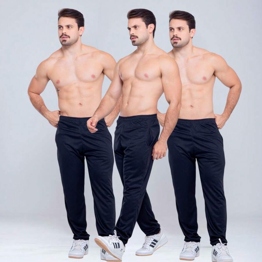 Kit 3 Calça Dry Fit Esportiva Masculina Slim Academia Treino - Preto - Visão 1