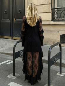 Women's Lace Dress Long Sleeve Round Neck Solid Color High Low Hem Dress Flowy Ruffle Dress - Black - View 2