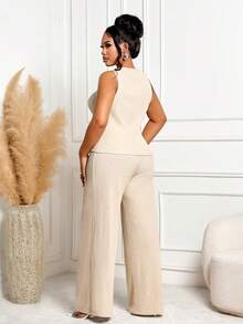 BIUBIU Conjunto Elegante de 2 Peças Plus Size para Mulheres, Incluindo Top Regata com Gola Redonda e Botões e Calça Perna Larga, Tecido Elástico Médio para Verão - damasco claro - Visão 2