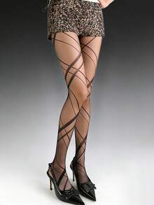 1 đôi quần tất nữ kẻ sọc chéo, cạp cao, xuyên thấu, màu đen, gợi cảm, thích hợp mặc hàng ngày. - Nhiều màu - Xem 9