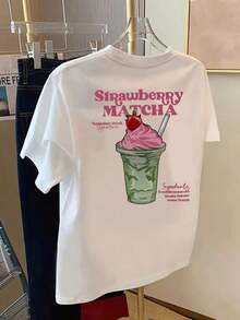 Front And Back Printed Short-Sleeved T-Shirt - Strawberry Matcha, Summer Drinks Print - Women's Spring And Summer Fashion T-Shirt, Stylish Women's Short-Sleeved T-Shirt Made Of Printed Cotton - White - View 3