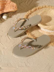 Evertop Surf Hàng mới về mùa xuân/hè: Sandal đính đá lấp lánh, dép xỏ ngón đế bằng, dép lê đi biển thời trang đính đá cho nữ. - Màu Khaki - Xem 1