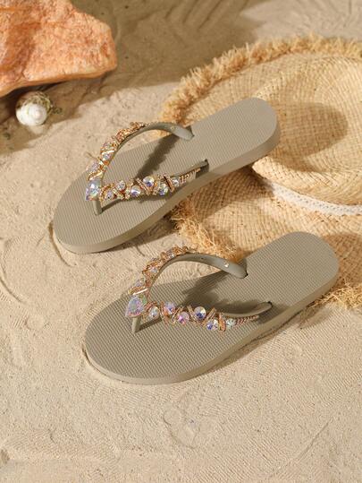 Evertop Surf New Arrival Spring/Summer Sparkling Rhinestone Sandals, Flat Thong Slippers, Fashionable Jeweled Slip-On Beach Flip Flops For Women