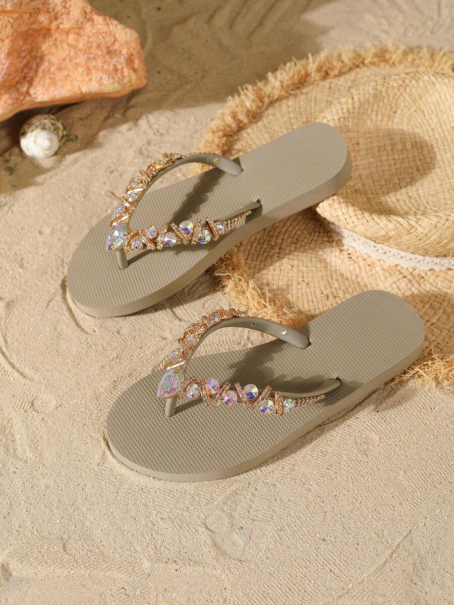 Evertop Surf Hàng mới về mùa xuân/hè: Sandal đính đá lấp lánh, dép xỏ ngón đế bằng, dép lê đi biển thời trang đính đá cho nữ. - Màu Khaki - Xem 1